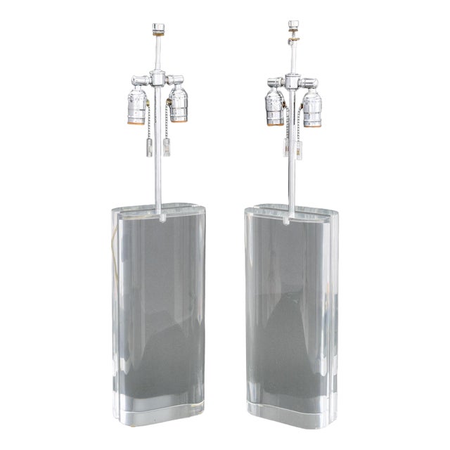 Modern Clear Acrylic and Chrome Table Lamps, Pair For Sale
