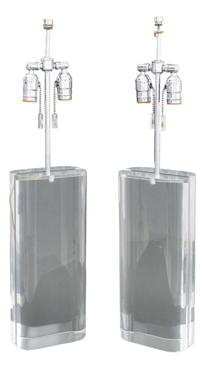 Modern Clear Acrylic and Chrome Table Lamps, Pair