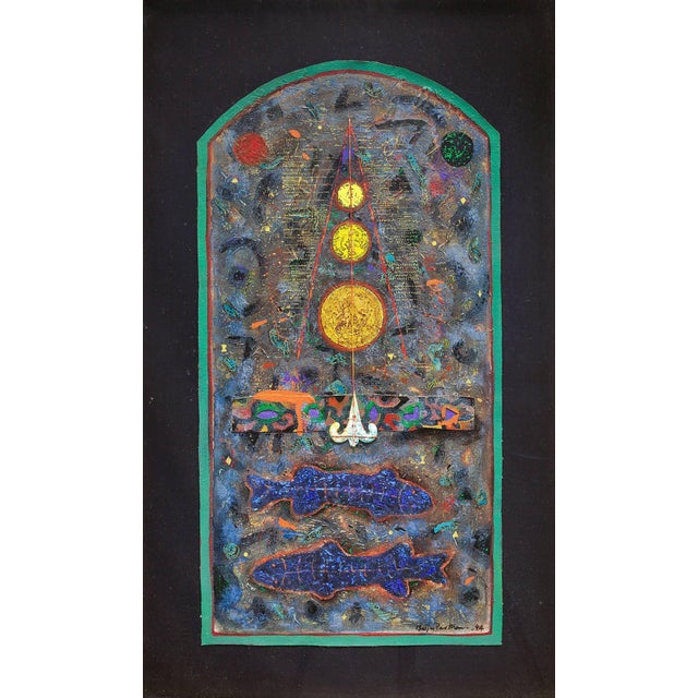 In this piece, Baiju Parthan elaborates in the workings of a mysterious inner universe through his mixed media...