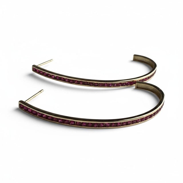 Gold 14k Yellow Gold 2 Inch Long Half Hoop Ruby Earrings 1.86 Carats, A Pair For Sale - Image 8 of 9