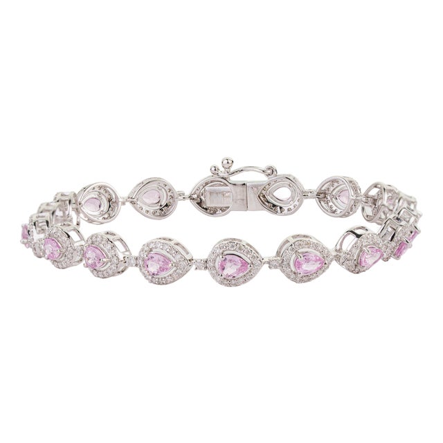 14k Gold Pear Cut 2.74ct Pink Sapphire & Diamond Byzantine Tennis Bracelet For Sale