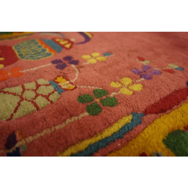 Textile Stunning Rose Pink With Figurative and Geometric Design Antique Chinese Art Deco Rug For Sale - Image 7 of 9