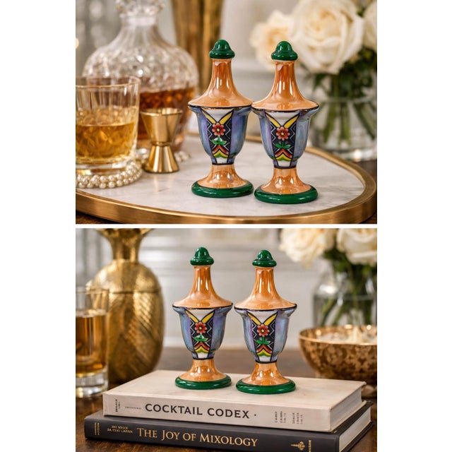 Add a touch of vintage charm and sculptural color to your tabletop or vignette with this pair of Japanese lusterware salt...