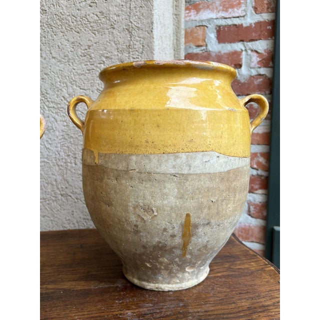 Ceramic Pair Antique Provincial French Yellow Glazed Pottery Confit Pot Urn Vase Vessel For Sale - Image 7 of 13