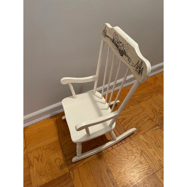 1970s Vintage White Wooden Children’s Nursery Rocking Chair With Black Etching and Music For Sale In New York - Image 6 of 11