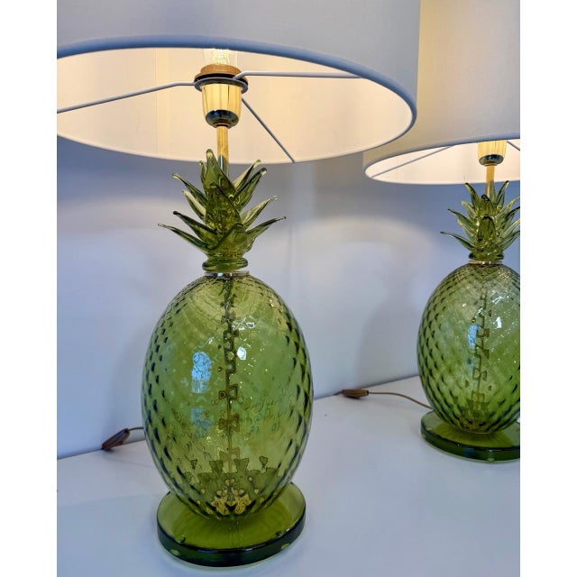 Italian Art Deco Pineapple Murano Glass Lamps with Lampshades, 2000s, Set of 2 For Sale - Image 4 of 17