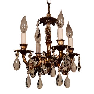 Vintage French Brass 4 Arm 4 Lite Petite Cut Lead Crystal Chandelier For Sale