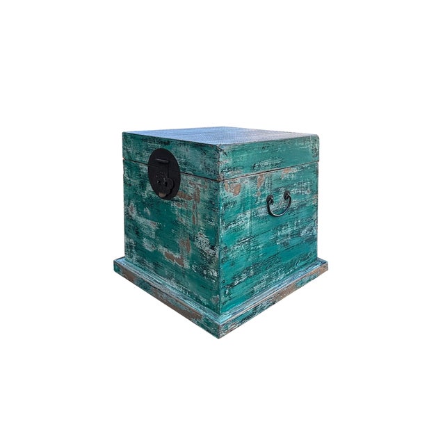 Shabby Chic Distressed Teal Green Square Moon Face Wood Trunk Box For Sale - Image 3 of 6
