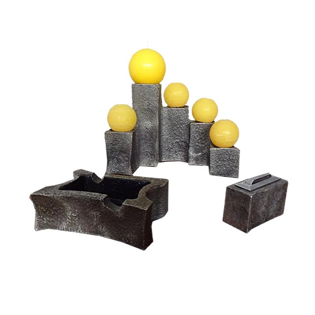 Brutalist Sculptural Iron Candleholder, Ashtray & Lighter, 1960s, Set of 3 For Sale
