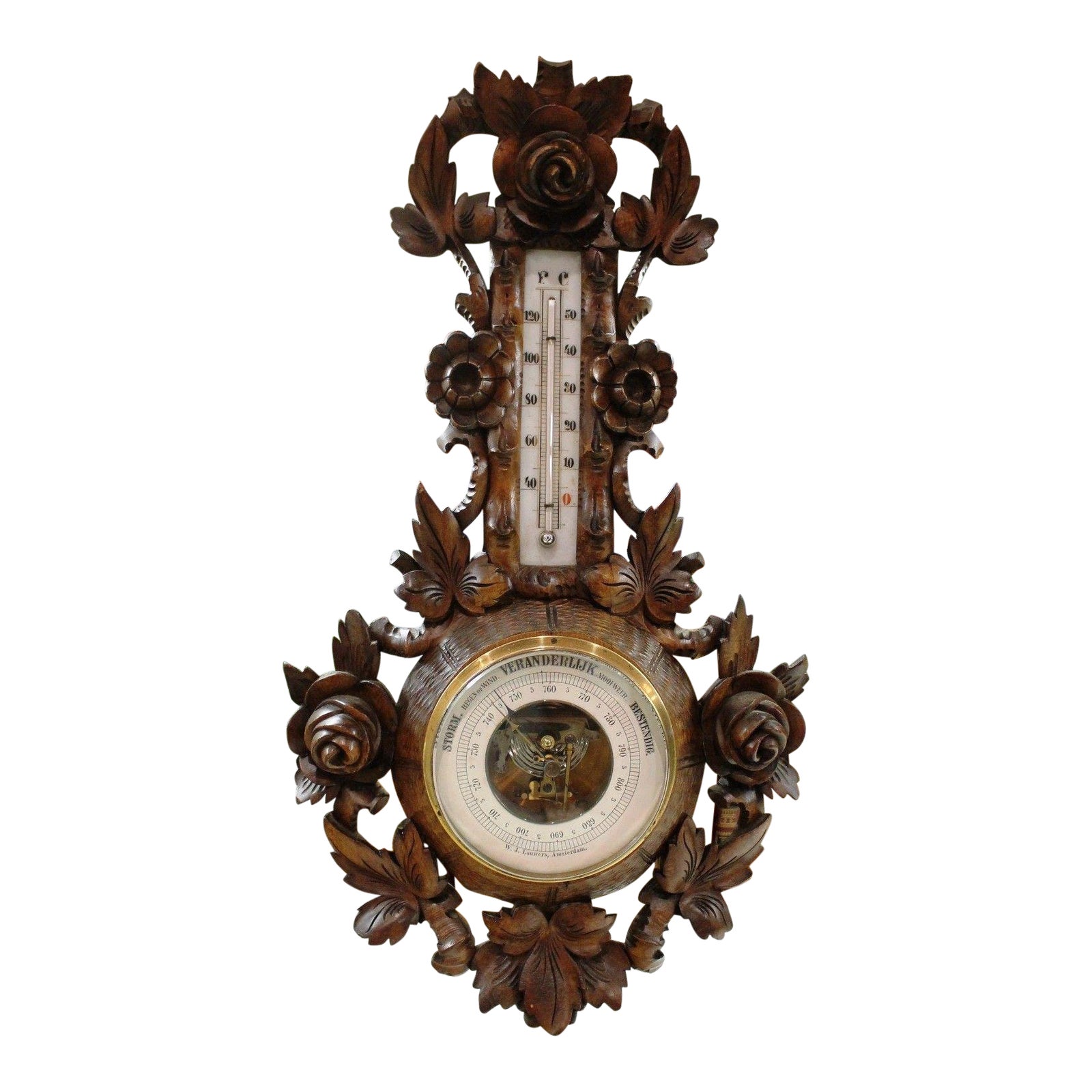Antique French Black Forest Carved Oak Barometer Thermometer