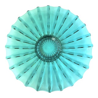 Mid Century Modern Round Blue Ribbed Glass Footed Console Centerpiece Display For Sale