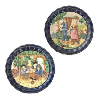 1880 French Country Navy Blue Edged Folk Art Majolica Decorative Plates - a Pair For Sale