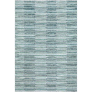 Outdoor Rug in Wide Tonal Teal Stripes, 10x13 For Sale