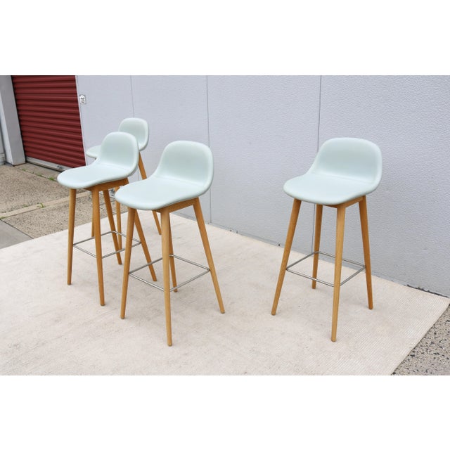 Iskos-Berlin Design Danish Modern Iskos-Berlin for Muuto Leather Fiber Bar Stools Oak Base, Set of 4 For Sale - Image 4 of 18