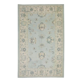 Early 21st Century Soft Blue Floral Design Handwoven Wool Turkish Oushak Rug 6'1" X 8'11" For Sale
