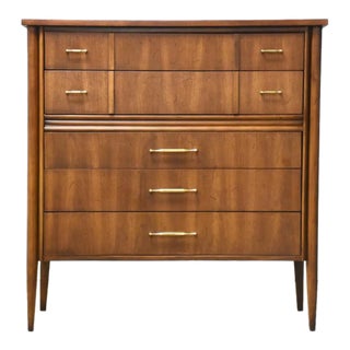 Walnut & Brass MCM Tall Dresser For Sale