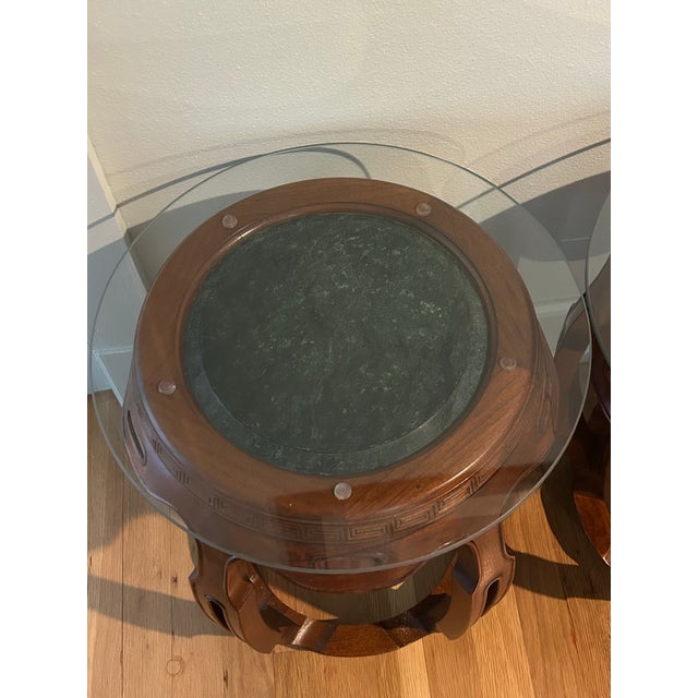 Mid 20th Century Vintage Chinoiserie Hardwood Drum Stools or Tables With Marble and Glass Tops - A Pair For Sale - Image 4 of 10