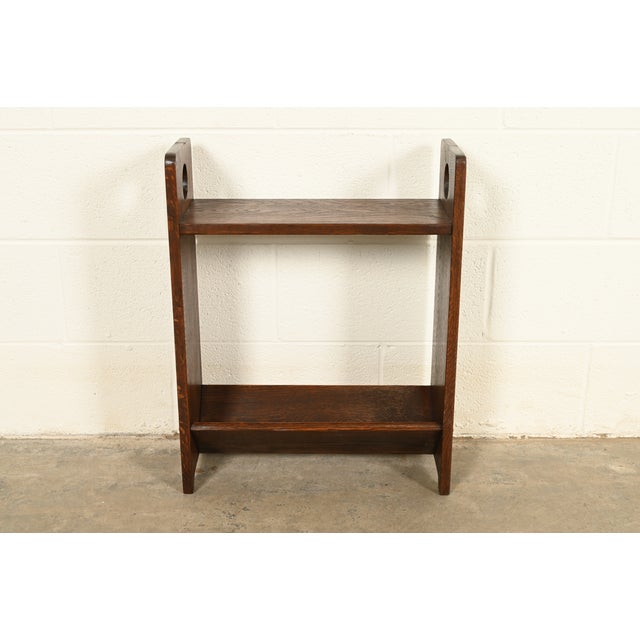 Charles Limbert Lakeside Craft Shops Antique Mission Oak Arts & Crafts Cutout Book Trough or Magazine Stand, Newly Refinished For Sale - Image 4 of 11