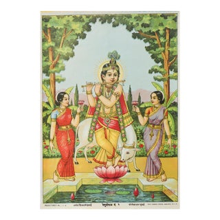 1920 Indian Offset Lithography, "Venugopal No.2" Krishna - God Playing Flute on Lotus - - Ravi Varma Press For Sale