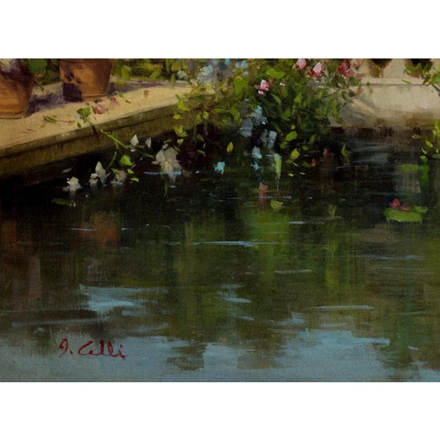 This elegant painting by Italian artist Antonio Celli captures the serene beauty of a classical garden where sculpture,...