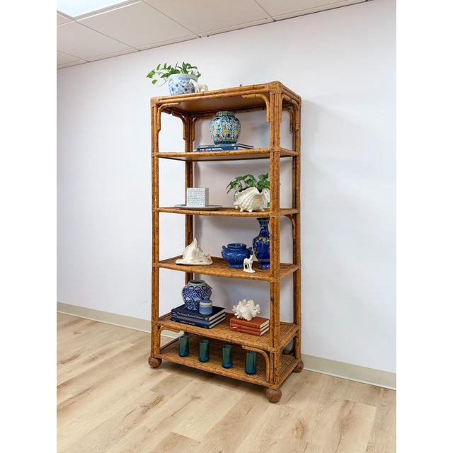 Vintage Coastal Hollywood Regency Tortoise Bamboo Shelf, Wicker Shelving For Sale - Image 4 of 14