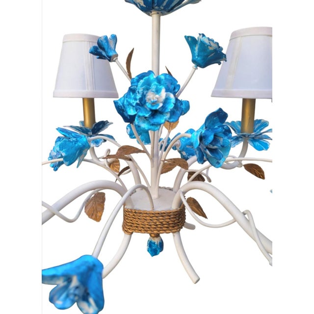 1990s Vintage Small 4 Light Tole Newly Hand Painted Blue White Chinoiserie Rose Leaf Chandelier For Sale - Image 5 of 9