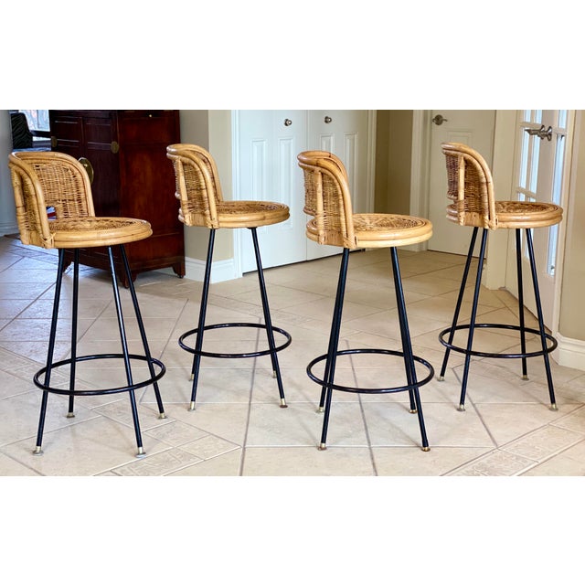 1960s Vintage Boho Chic Wicker Rattan Swivel Bar Stools a Set of 4