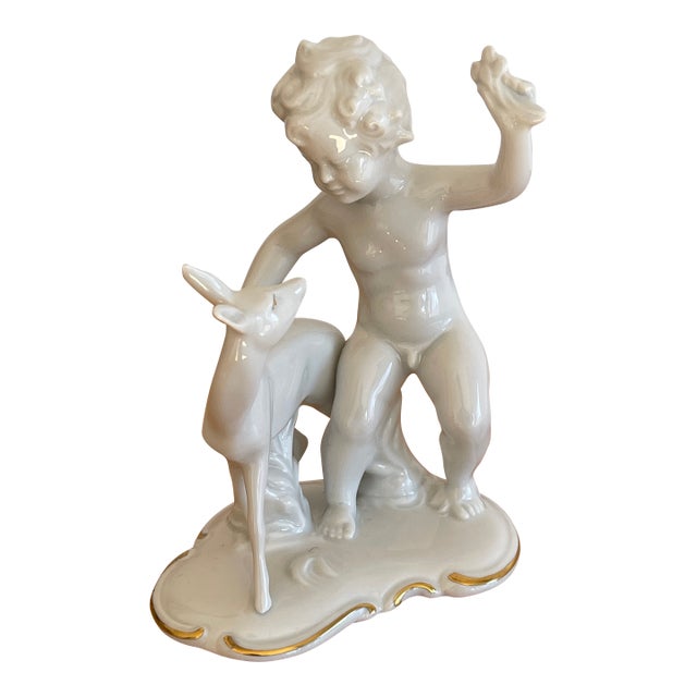 Antique German Porcelain Sculpture Fawn With Deer For Sale
