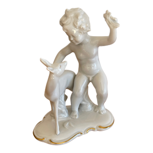 Antique German Porcelain Sculpture Fawn With Deer