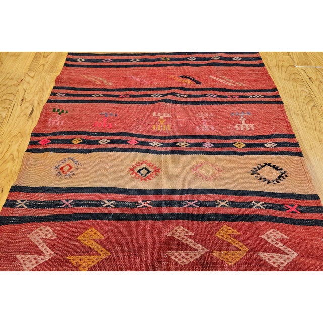Vintage Turkish Kilim Runner, Handwoven Wool, Stripe Pattern, Brick Red, 3x13 For Sale - Image 4 of 9