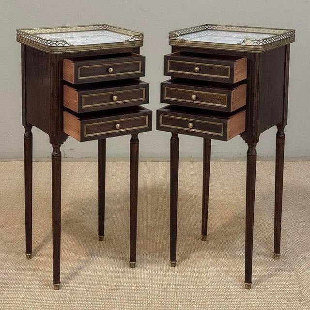 Pair Mid-Century Louis XVI Mahogany End Tables With Carrara Marble For Sale - Image 10 of 16