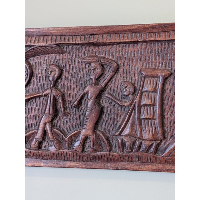1960s Vintage West African Hand-Carved Bas-Relief Wood Plaque For Sale - Image 5 of 10
