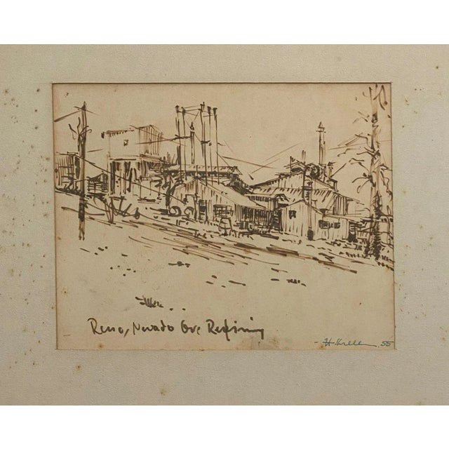 An ink on paper drawing titled on the lower left "Reno NV. Ore Refining" and signed H. Krell '55 in the left.