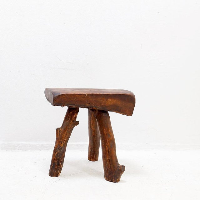 Rustic Brutalist Rustic Tripod Wooden Stool, 1950s For Sale - Image 3 of 13