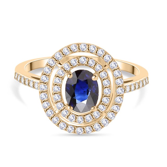 Metal 14k Gold Blue Sapphire Halo Diamond Ring Size 7 For Sale - Image 7 of 12