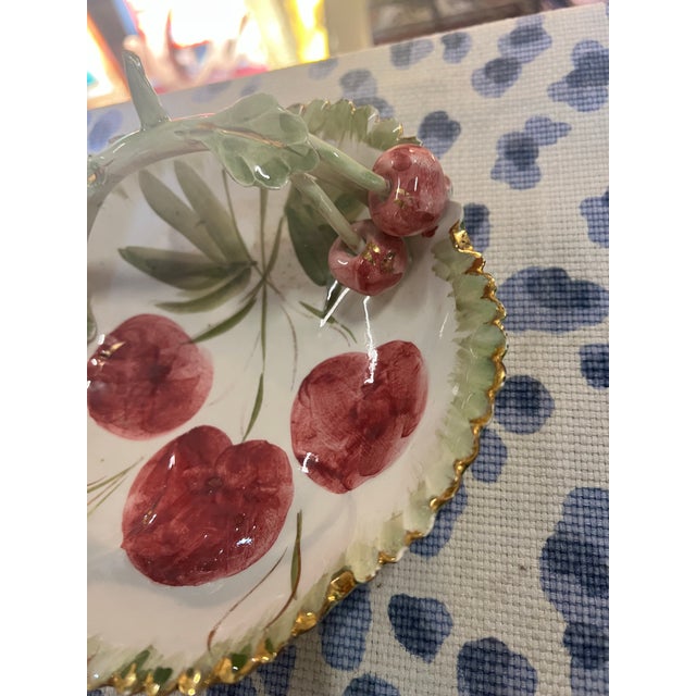 1970s Vintage Ceramic Italian Cherry Dish With Handle and Gold Rim For Sale - Image 5 of 9