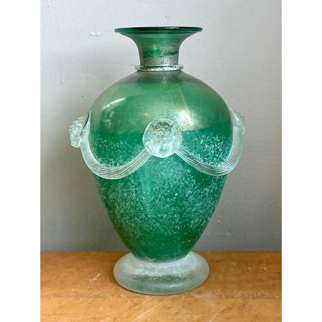Mid 20th Century Vintage Green Art Glass Vase With Relief Faces For Sale - Image 5 of 12