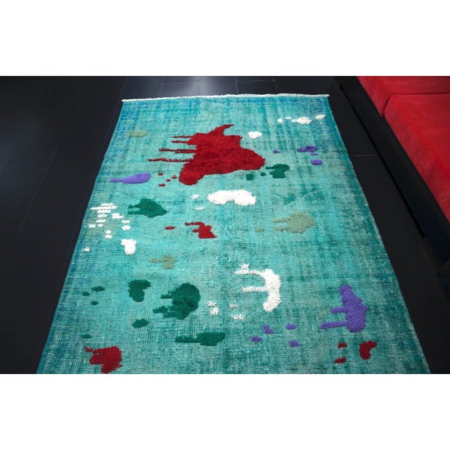Vintage Pompom Design Turkish Handmade Turquoise Rug For Sale - Image 4 of 11