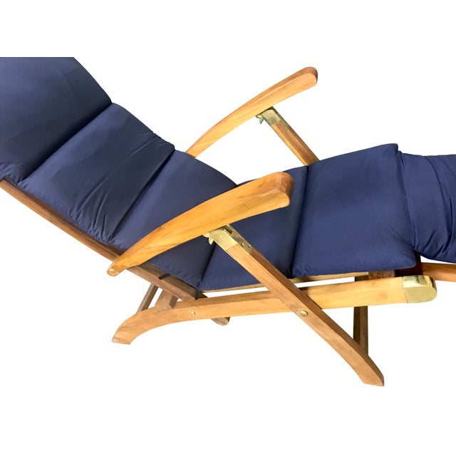 1980s Solid Teak & Brass Folding 'Steamer' or Garden Lounger Chairs With New Navy Blue Cushions