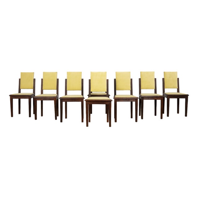 1930s French Art Deco Oak Dining Chairs in Light Yellow Velvet – Set of 8 For Sale