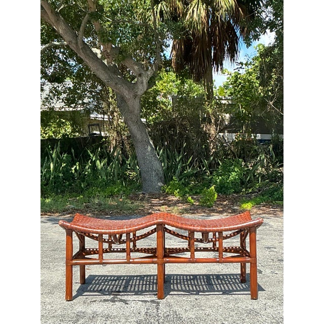 Late 20th Century Vintage Coastal Woven Rawhide and Rattan Bench After McGuire For Sale - Image 5 of 12