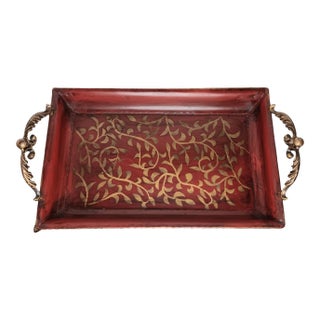 Large Metal Serving Tray Cranberry Red and Gold Leaf Vine Design Ornate Handles For Sale
