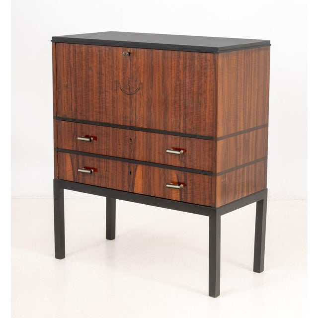 A. B. Petterson & Nilson Swedish Mid-Century Modern Drop-Front Secretaire, Parcel-ebonized wood with ornamental inlay,...