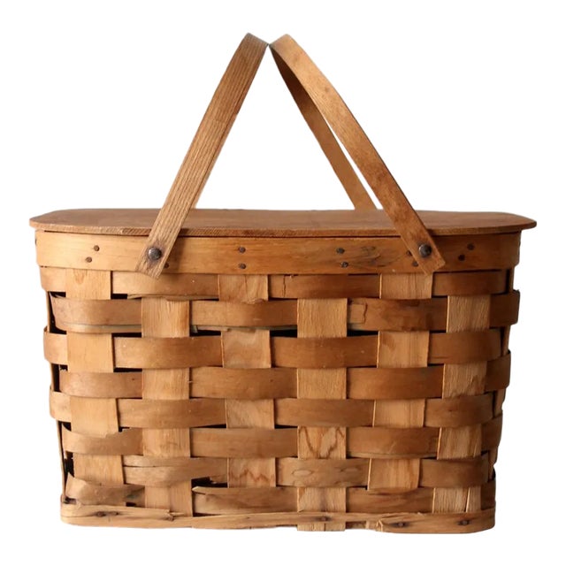 Vintage Splint Weave Picnic Basket For Sale
