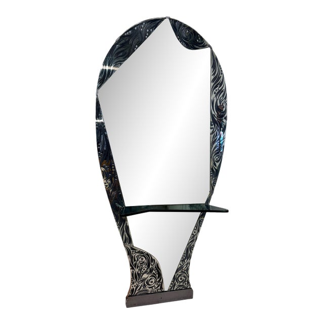Murano Etched Glass Floor Mirror With Integrated Console Shelf 1950s For Sale