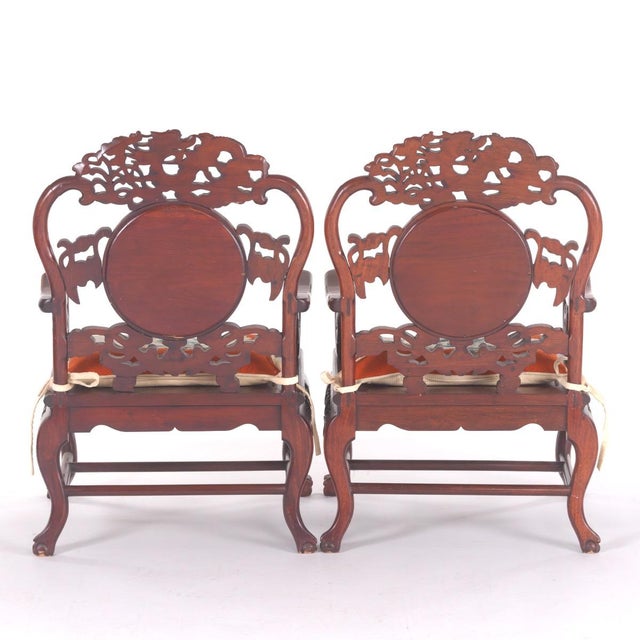 Wood Mid 20th Century Pair of Chinese Dragon Rosewood Armchairs With Matching Dream Stone Inserts, Elaborate Carving and Handmade Needlepoint Seat Cushions For Sale - Image 7 of 18