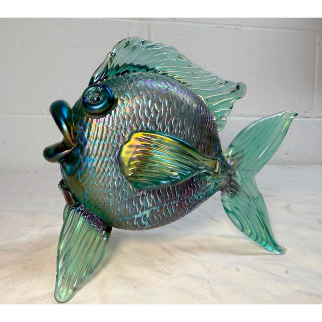 Vintage Hand Blown David Tate Studio Glass Iridescent Green Gold Fish Sculpture For Sale - Image 9 of 15