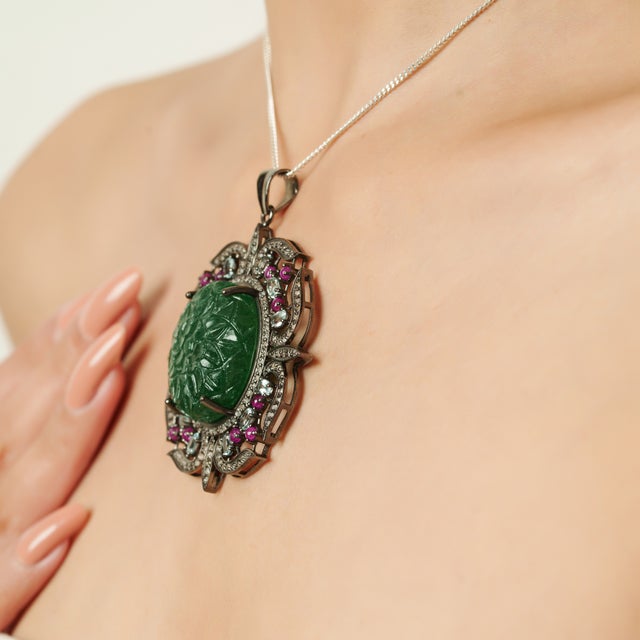 Metal Ornate Floral Carved Green Aventurine Victorian Pendant- Anniversary Gifts For Sale - Image 7 of 12