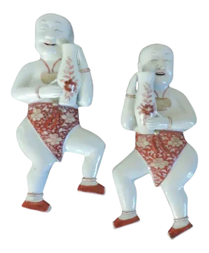 18th Century Chinese Kangxi Porcelain Wall Pockets Ho Ho Boys with Vases - a Pair