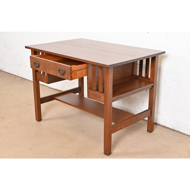 Early 20th Century Gustav Stickley Antique Mission Oak Arts & Crafts Desk With Built-in Bookcases, Newly Refinished For Sale - Image 5 of 12